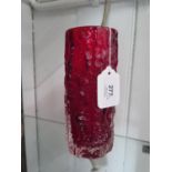 A Whitefriars glass bark effect cylindrical vase, in ruby red, 19cm high, and another in