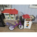 Triang: Two prams, Firefly bicycle; a Minnie Mouse cot and a dolls house