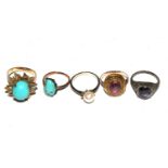 Two rings with turquoise, another pearl set, another garnet, and another silver mounted (5)