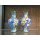 A pair of cloisonne baluster vases, depicting birds on flowering branches on a blue ground, 21 cm