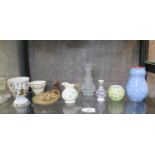 A Belleek Shamrock pattern milk jug, 9cm, stoneware owl candlestick, Kurt Hammer goblet and other