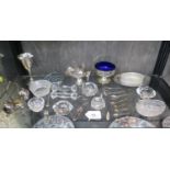Silver plate wares, glass salts, salt spoons and a pair of glass 'knife rests'