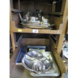 A four piece plated tea and coffee set, a small oval tray, an entree dish, a cased set of tea spoons