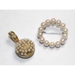 A round pearl brooch, and a seed pearl pendant (2)