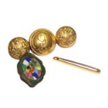 Three military buttons turned into a brooch and a stone set brooch (2)
