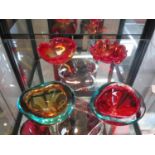 Murano glass bowls including one red and one amber bowl, both with turquoise rims 14cm and 13.5cm,