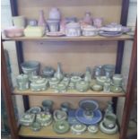 A collection of Wedgwood Jasperwares, including boxes and dishes in green, blue, purple and pink