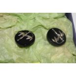 A pair of Shanghai Tang earrings, with 925 silver clips and bamboo design on circular black stone