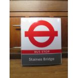 A Transport for London enamelled two sided bus stop sign for Staines Bridge, by Burnham Signs, 53