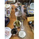 Two copper kettles, a brass pestle and mortar, tankards, Comitti of London barometer and other items