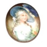 A hand painted porcelain plaque of a Regency lady in a gold coloured frame, unsigned, 5 cm high