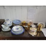 A Langley Pottery blue fruit bowl, Meissen style table wares, Royal Worcester gilt tea wares and