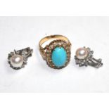 A pair of 18 carat white gold pearl earrings and a turquoise and gold coloured metal ring