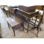 A 1930s oak canteen case, the hinged lid over a fitted drawer on barley-twist legs joined by