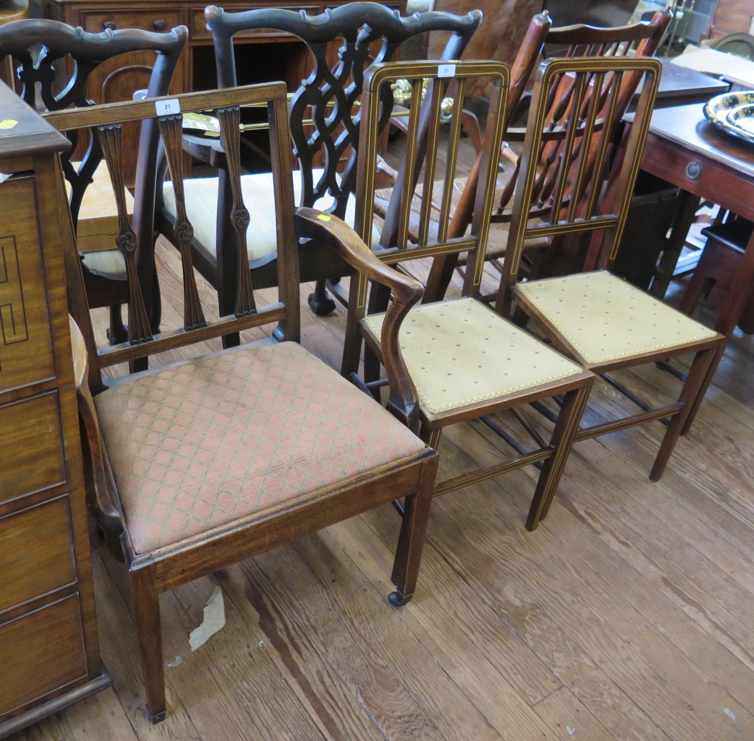 A pair of Edwardian mahogany and ivorine inlaid railback bedroom chairs, and an early 19th century