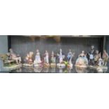 Various Capodimonte figures, including classical and tramp figures, and two glass animals