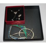 A Mexican alpaca inlaid necklace and matching bangle together with a Pia silver heart necklace and