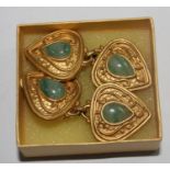 A vintage pair of Rima Aris gold plated tear drop earrings set with jade, in a box