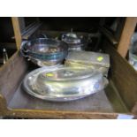 A small collection of silver plate, including a teapot, two handled bowl, cigarette box and dishes