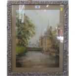 20th century French chateau and moat charcoal and pastel unsigned 45 x 34 cm