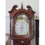 An early 19th century inlaid oak and mahogany Yorkshire longcase clock, the swan-neck pediment