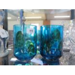 A pair of Whitefriars glass cylindrical vases, in kingfisher blue with applied green spots, 15.5