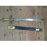 A Victorian drummers sword, with brass handle and leather scabbard, total length 66 cm, without