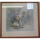 A signed limited edition print of cats amongst flowers and bicycles indistinctly signed, 1395/1950