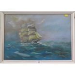 20th century Seascape of a clipper in choppy seas pastel indistinctly signed 37 cm x 54 cm