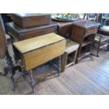 A nest of Indian teak tables, a small turned oak gateleg table and a reproduction open bookcase with