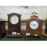 An Edwardian inlaid mahogany table clock timepiece, 23 cm high and another similar, 25 cm high (2)