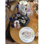 A Bohemian cobalt blue glass and enamelled dressing table set, including candlesticks and tray,