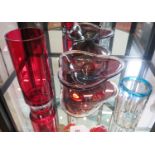 A Murano glass amethyst tri-lobed bowl 30cm, a cylindrical red vase 26cm and a cylindrical