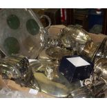 A LARGE QUANTITY OF SILVER PLATED WARES to include trays, a teapot, a coffee pot, cutlery etc