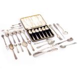 A CASED SET OF SIX SILVER TEASPOONS a silver pickle fork and silver plated teaspoons