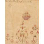TWO NEEDLEWORK SAMPLERS one the work of Charlotte George dated 1895 62cm square, the other the