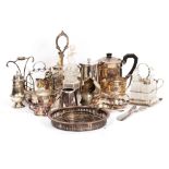 A COLLECTION OF SILVER PLATED WARE to include a table centre, a pickle jar and fork, coffee set,