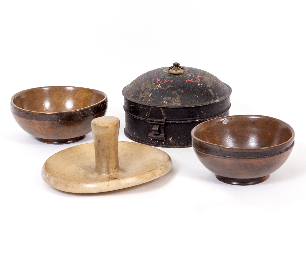 A 19TH CENTURY TOLEWARE SPICE BOX together with a sycamore butter press and two ash dairy bowls