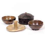 A 19TH CENTURY TOLEWARE SPICE BOX together with a sycamore butter press and two ash dairy bowls