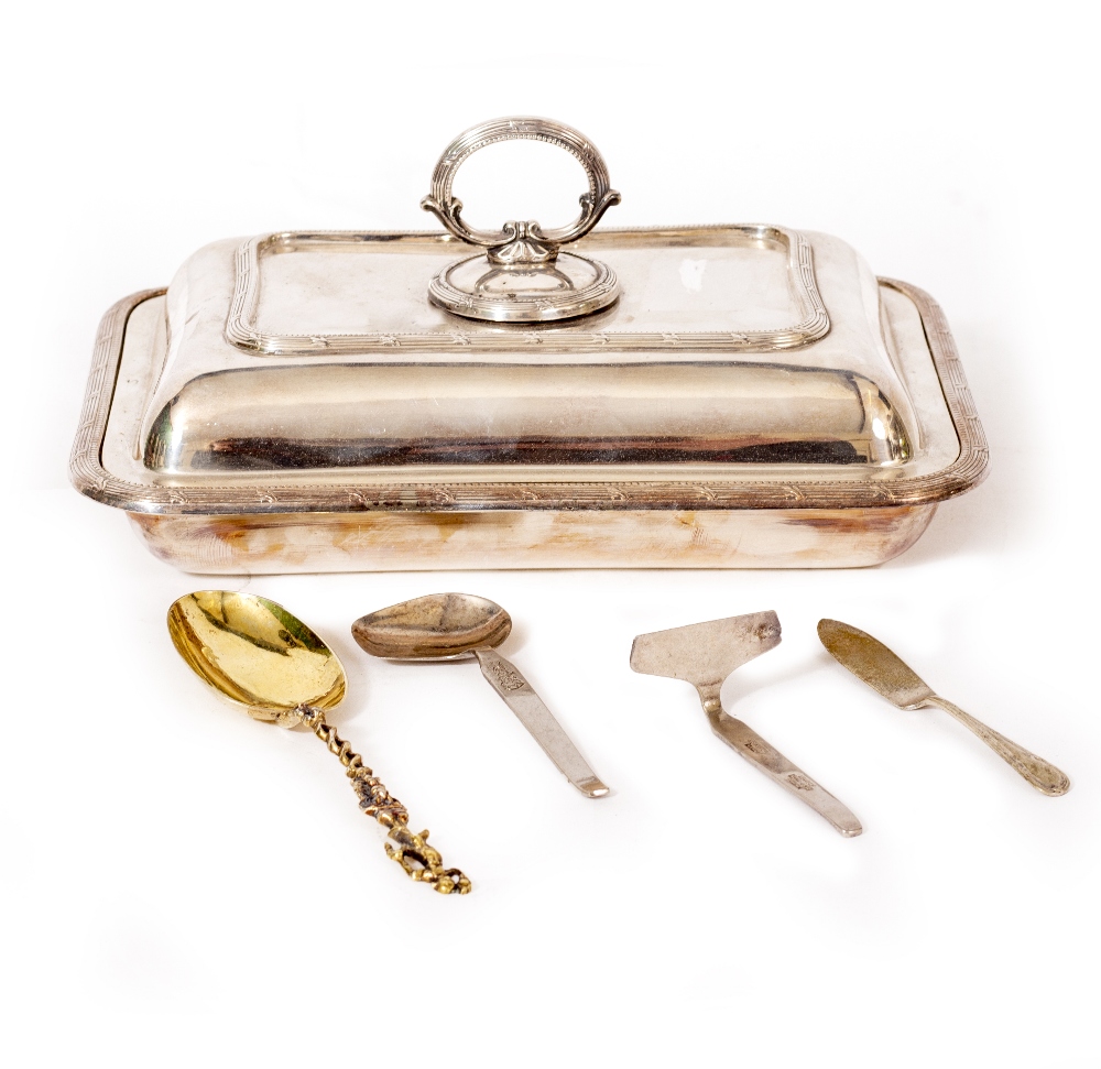 AN ANTIQUE GILDED WHITE METAL APOSTLE SPOON 18cm long and a silver plated entree dish, 27cm wide