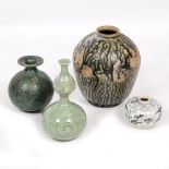 A STUDIO POTTERY OVOID VASE with flaring rim and chrystaline glaze, 13cm high together with a