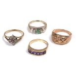 A 9 CARAT GOLD RING, a 9 carat gold amethyst set ring and a ruby style set ring (4)