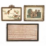 AN ANTIQUE ALPHABET SAMPLER 13cm x 25cm together with a sand picture of a castle gateway and a