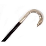 A CONTINENTAL WALKING CANE the white metal crook handle in the form of a greyhound with glass eyes