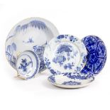 AN 18TH CENTURY ENGLISH DELFT BASIN with blue and white decoration, 30.5cm diameter together with