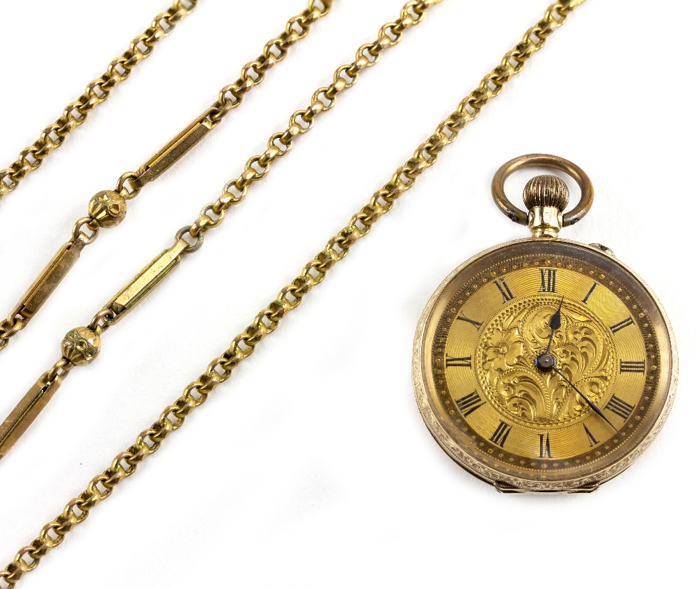 A YELLOW METAL CASED LADIES POCKET WATCH marked '14K', 3.5cm diameter together with a gilt metal