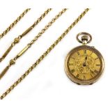 A YELLOW METAL CASED LADIES POCKET WATCH marked '14K', 3.5cm diameter together with a gilt metal
