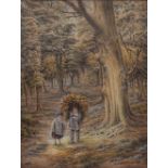 A WOODLAND SCENE with two figures, watercolour, 66.5cm x 51.5cm in a 19th century gilded gesso