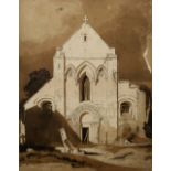 A GROUP OF FOUR ANTIQUE WATERCOLOURS to include figures outside a cottage, end of a church, view