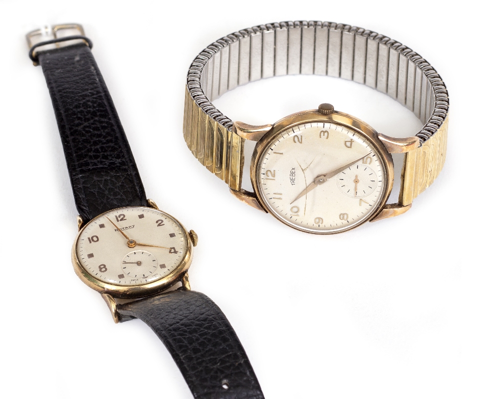 A 9CT GOLD ROTARY MIDSIZE WRISTWATCH with subsidiary seconds dial and another by Trebex (2)